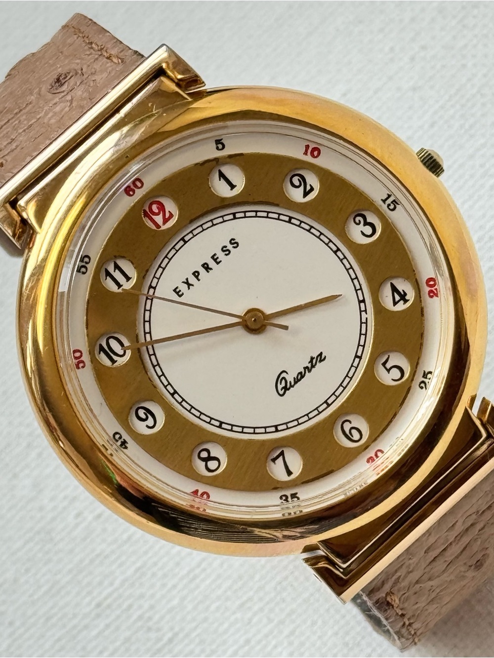 Vintage Express 1990's Women's Rotary Telephone Dial Watch Gold Beige Leather